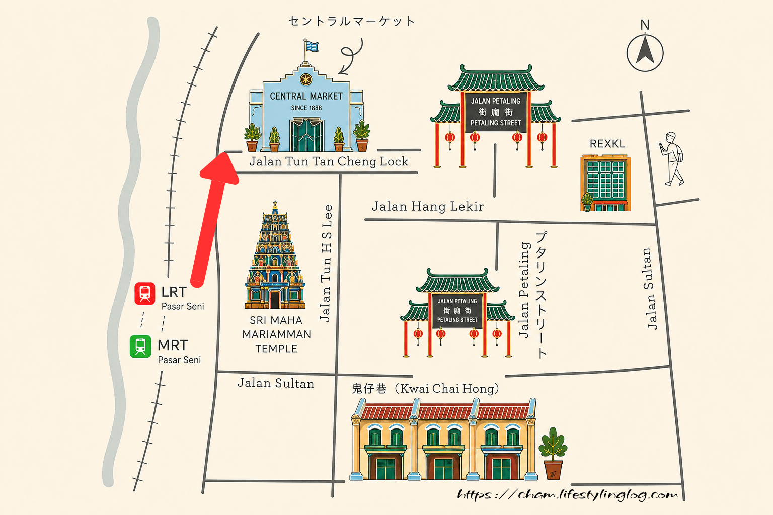 セントラルマーケットとLRT Pasar Seni駅の位置関係を示す地図