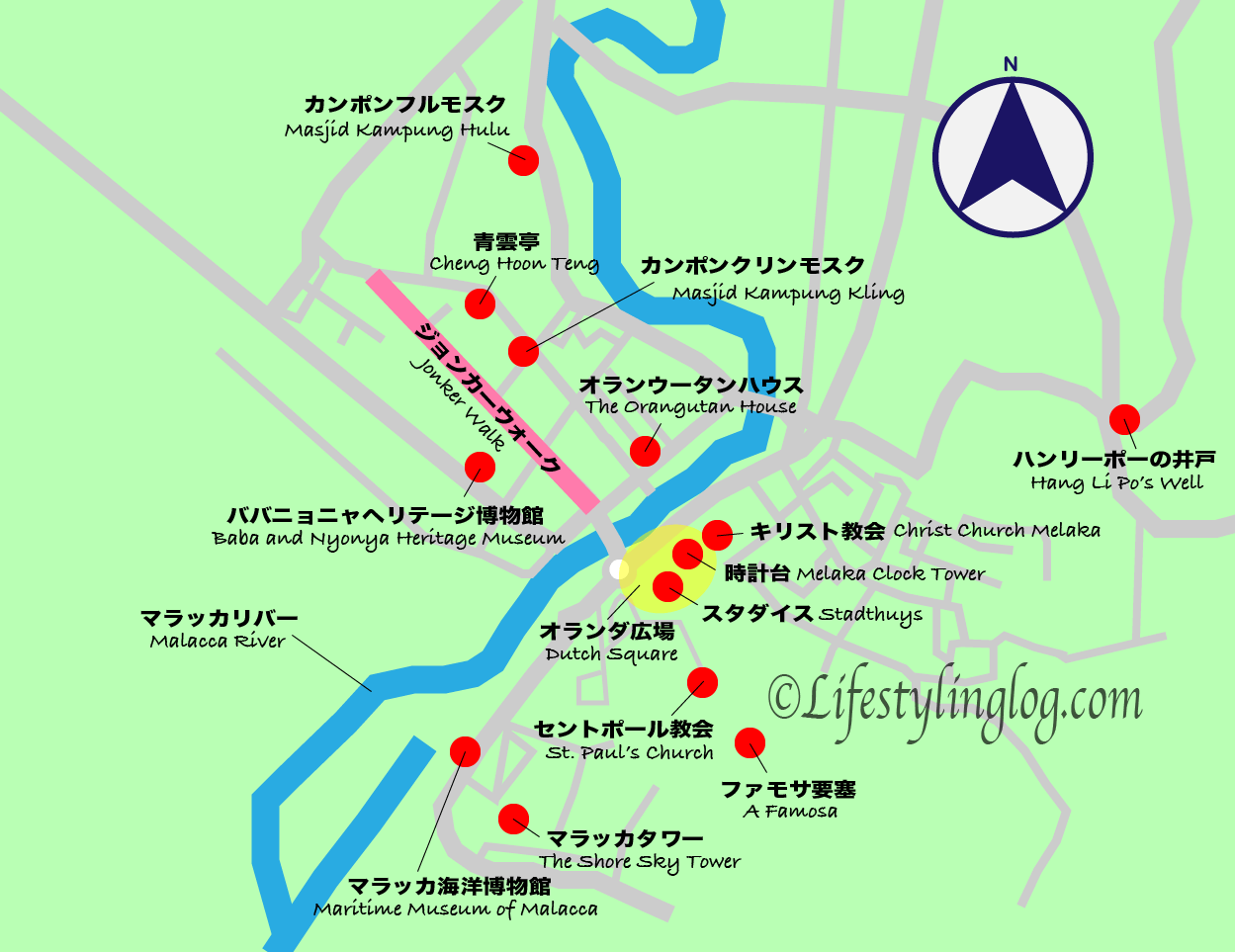 マラッカの観光スポットをまとめた地図（イメージマップ）