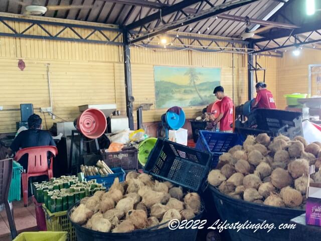 Lemang Daun Lerek Greenwoodの店内でココナッツの実からココナッツミルクを作っているところ