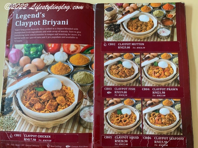 Legend's Claypot Briyaniのクレイポットビリヤニのメニュー