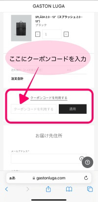 ガストンルーガのクーポン入力箇所