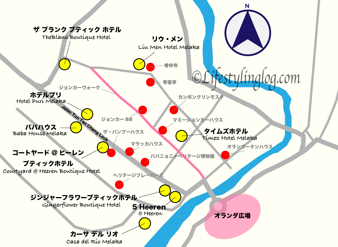 マラッカのジョンカーウォークとオランダ広場周辺にあるホテルのイメージマップ（地図）