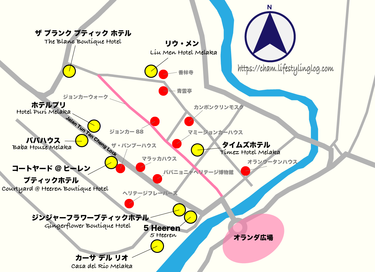 マラッカのジョンカーウォークとオランダ広場周辺にあるホテルのイメージマップ(地図)
