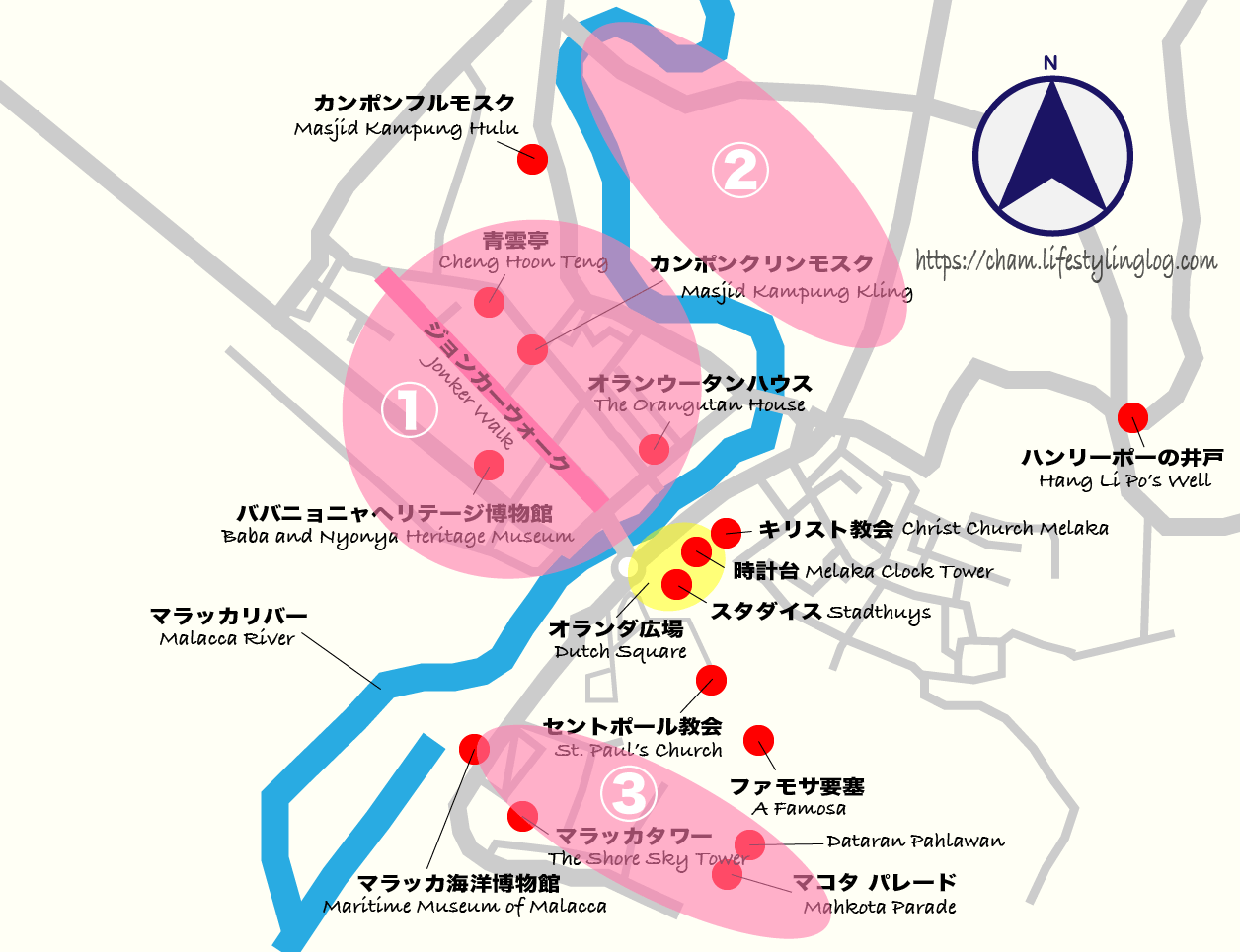 マラッカのホテルがあるおすすめ滞在エリアの地図(イメージマップ)