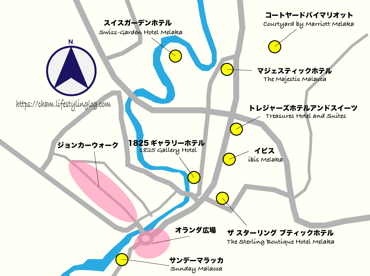 マラッカのリバーサイドにあるホテルのイメージマップ