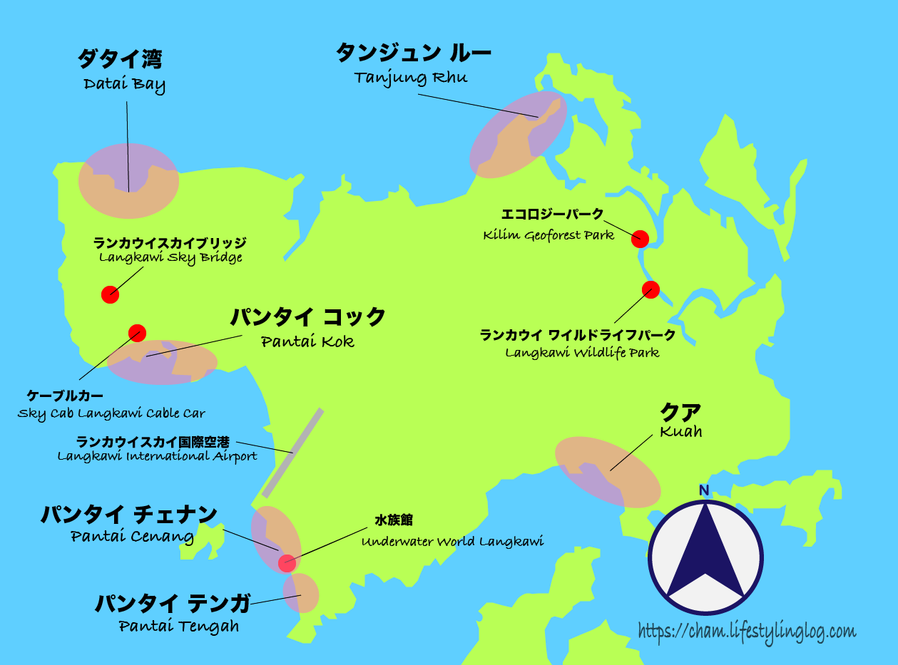 ランカウイ島の主要ホテルがある滞在エリアマップ（地図）