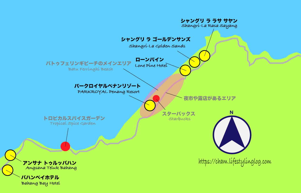 ペナン島のバトゥフェリンギとトゥルッバハンにあるホテルの位置を示すイメージマップ