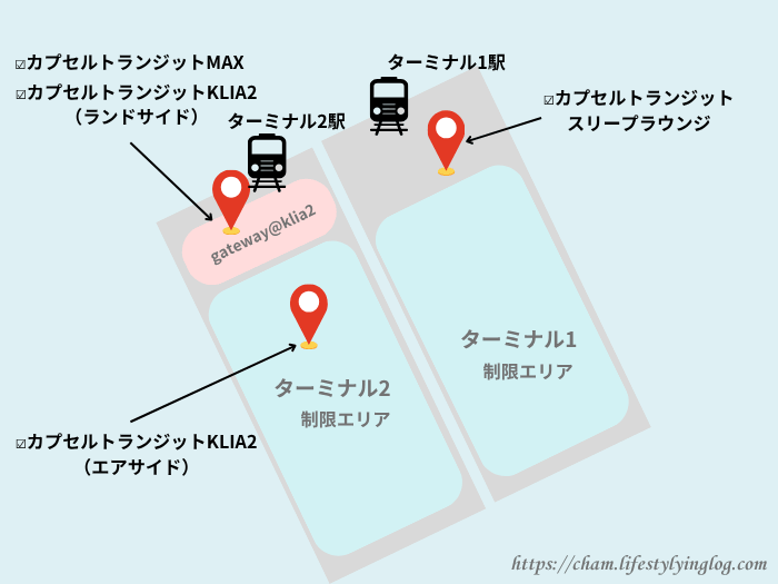 クアラルンプール国際空港にあるカプセルトランジットホテルの位置を示す地図