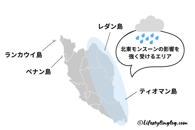 北東モンスーンの影響を強く受けるマレーシアのエリア