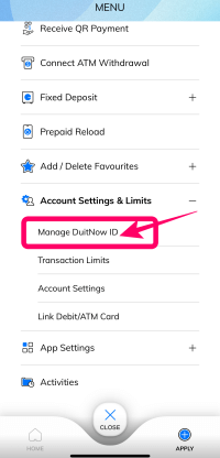 HongLeong BankアプリのDuitNow ID登録場所