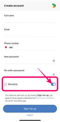 My TouristPay Appの生体認証の設定ボタン