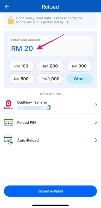 タッチアンドゴーeWalletでRM20をチャージするところ