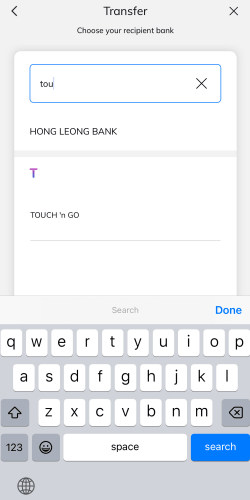 Hong Leong Bankアプリの検索窓でタッチアンドゴーを検索したところ