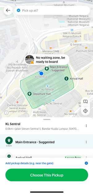 GrabのアプリでKLセントラル駅のピックアップポイントを探しているところ