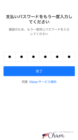 Alipayアプリの支払いパスワード再入力画面