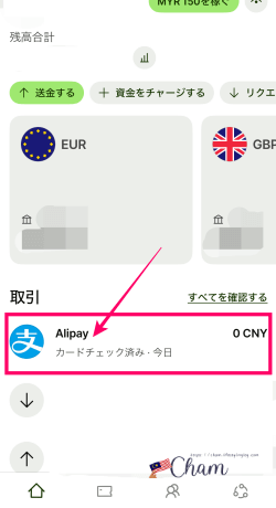 WiseアプリにAlipayが追加されたことを示す表示