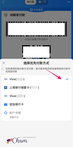 アリペイで支払い方法のカードを選択しているところ