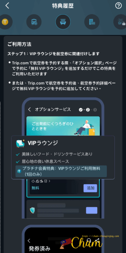 アプリに表示されているTrip.com（トリップドットコム）のプラチナ会員の空港VIPラウンジ無料利用の使い方の説明画面