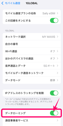 iPhoneのモバイル設定でSaily eSIMのデータローミングをオンにしたところ