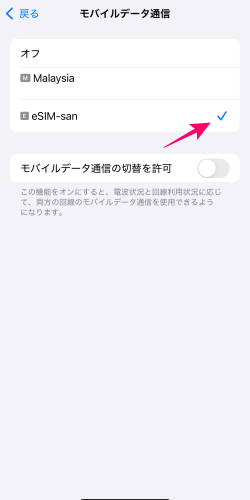 iPhoneのモバイル通信設定でeSIM-san（イーシムさん）を選択した画面