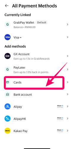 Grabアプリの支払い方法でカードを選択しているところ