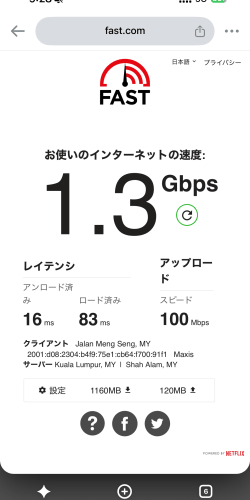 マレーシアで利用しているhotlinkを使用した時のfast.comの結果