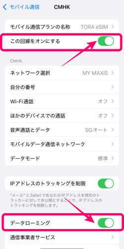 iPhoneのモバイルデータ通信でTORA eSIMの回線とデータローミングをオンにしたところ
