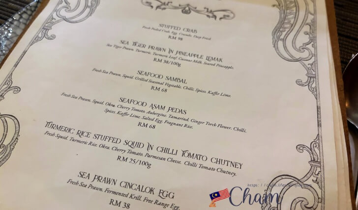 Campong O’olooのシーフード料理のメニュー