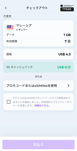 Esimatic(エシマティック)アプリでマレーシアを選択し、支払うボタンを押した画面