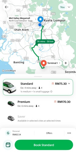 Grabアプリでクアラルンプール国際空港からミッドバレーメガモールにアクセスする時の料金