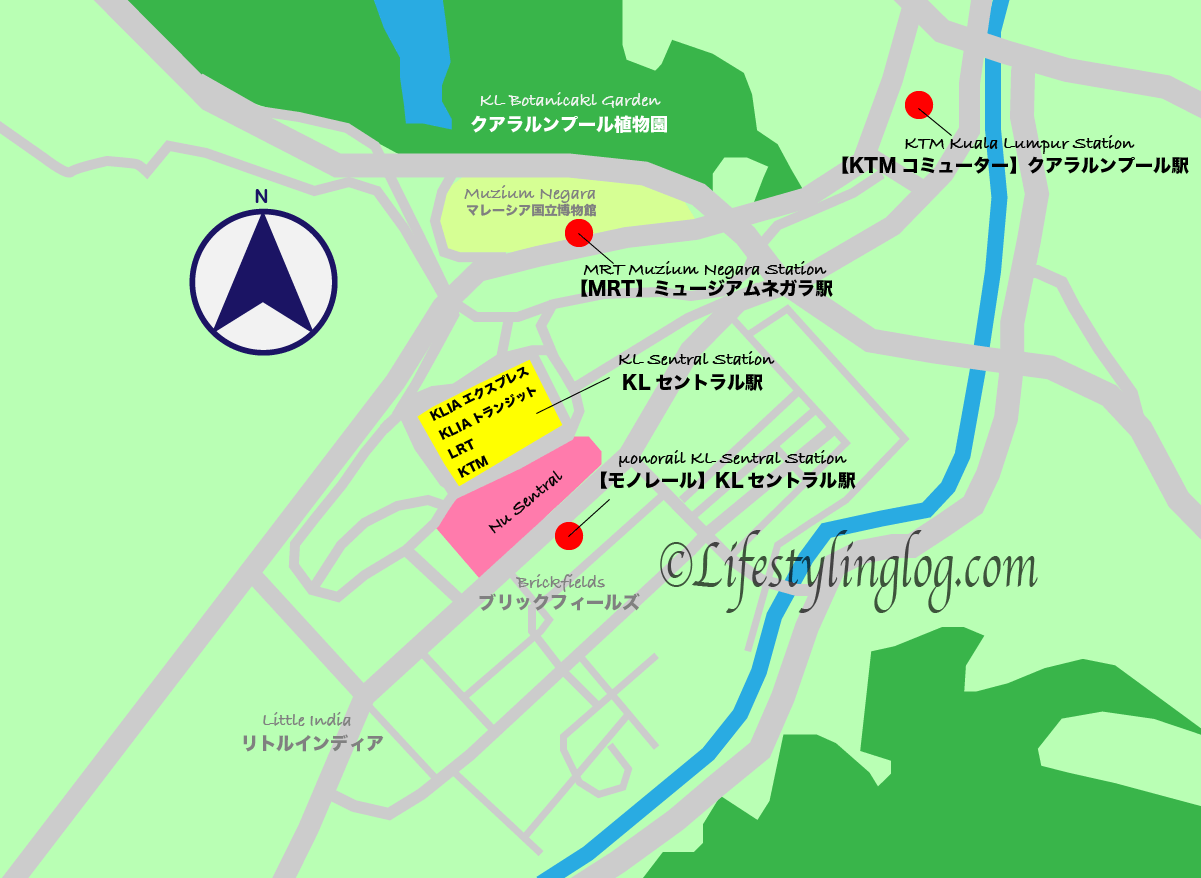 KLセントラル駅とMRTのミュージアムネガラ駅の位置関係を示す地図