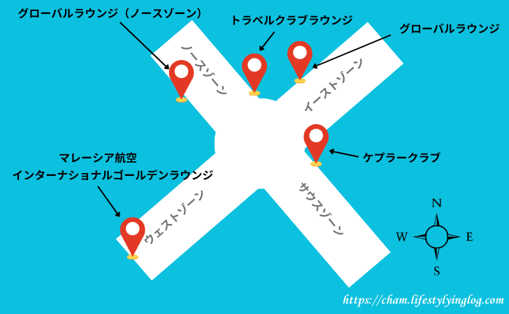 クアラルンプール国際空港サテライトビルメザニンフロア（中二階）のラウンジマップ