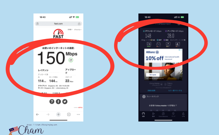 Kkdayの日本eSIMを東京で使用した時の通信速度測定結果1