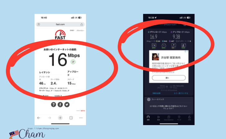 Klookの日本eSIMを東京で使用した時の通信速度3