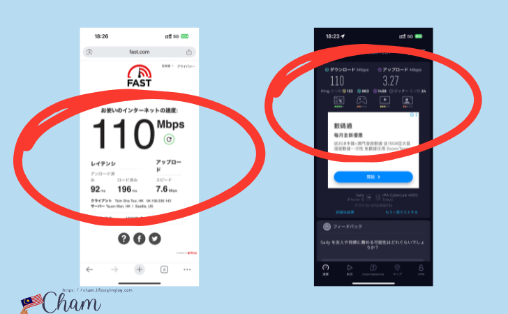 Sailyの日本用eSIMを東京で使用した時の通信速度計測結果1