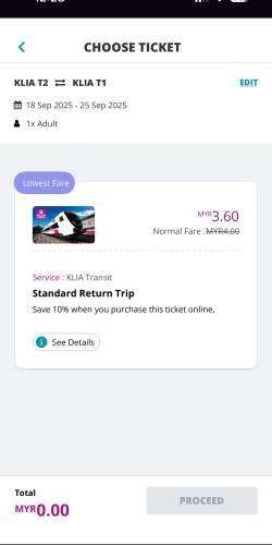 KLIAエクスプレスのアプリでKLIAトランジットの割引往復切符を購入しようとしている画面