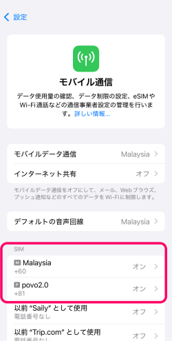 2つのSIMを有効にした画面
