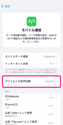 iPhoneのモバイル通信にあるデフォルトの音声回線設定後の画面