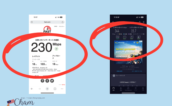 コタキナバルでhotlink回線を使って速度計測した結果