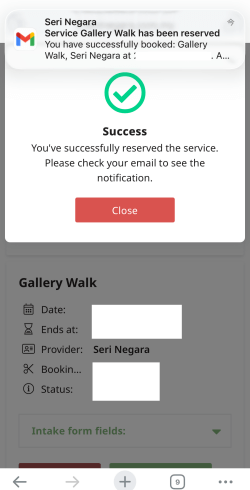 ギャラリーウォーク予約が完了した画面