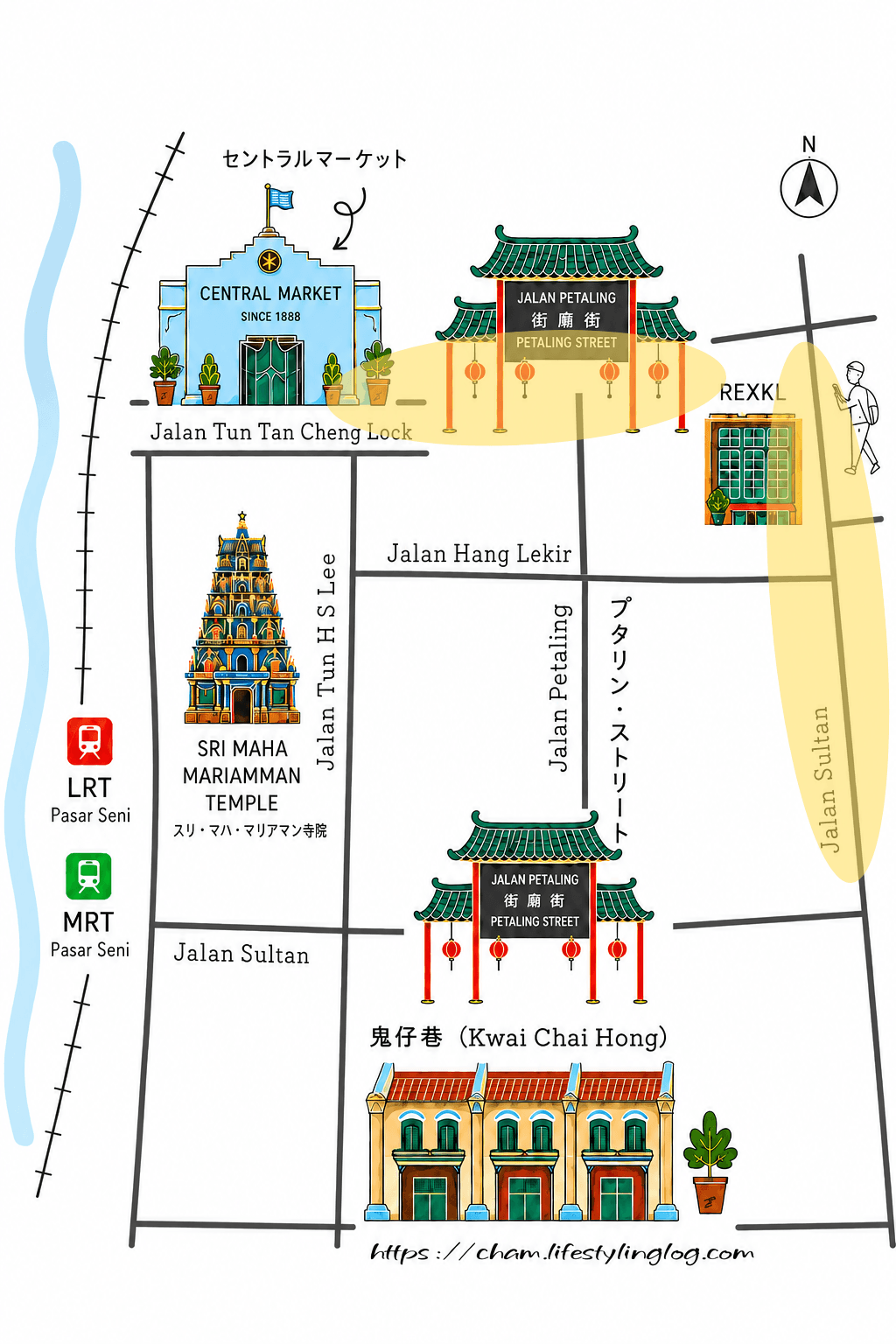 クアラルンプールチャイナタウンのJalan SultanやJalan Tun Tan Cheng Lock周辺のマップ
