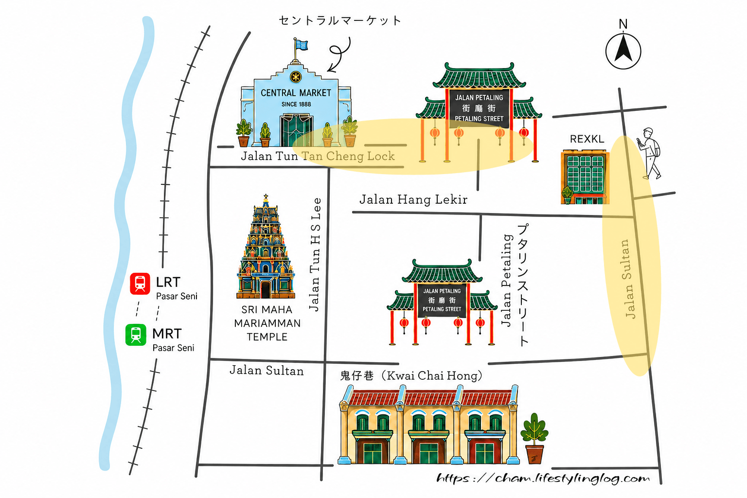 クアラルンプールチャイナタウンのJalan SultanやJalan Tun Tan Cheng Lock周辺のマップ