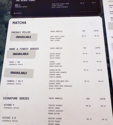 Niko Neko Matchaの看板商品の抹茶ドリンクメニュー